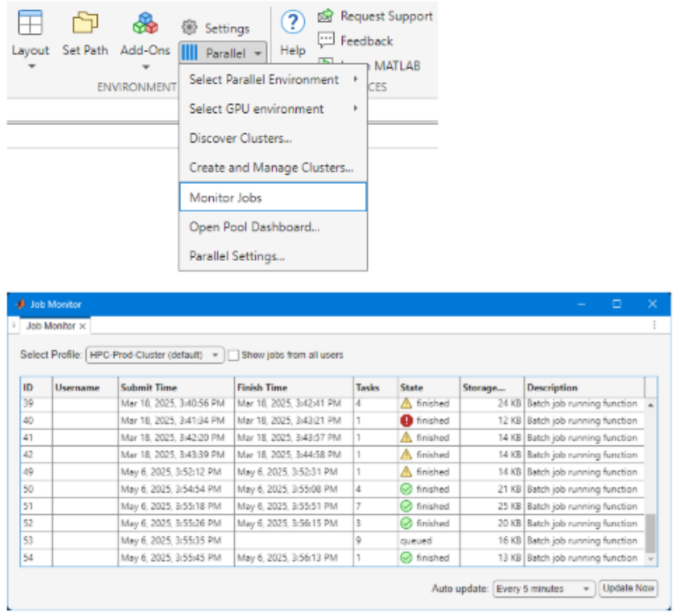 MATLAB desktop Parallel menu with Monitor Jobs selected, opening the Job Monitor window showing a list of submitted jobs with their ID, submit/finish time, task count, state, storage used, and description